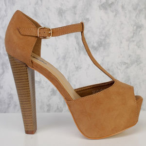Tan T straptoe Platform High heels faux Suede